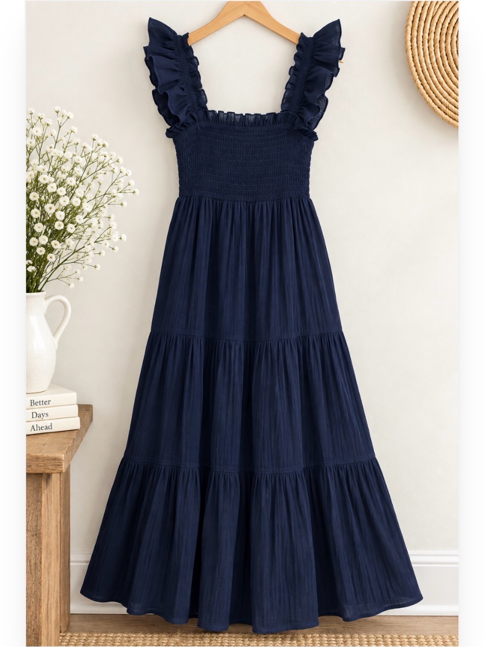 Nanette Lepore Navy Smocked Tiered Maxi Dress Ruffle Straps Size 2